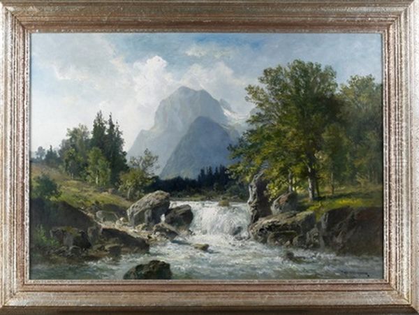 Wildbach Vor Alpenmassiv In Sommerlicher Landschaft Oil Painting by Fritz Halberg-Krauss