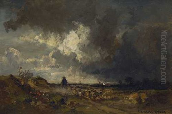 Hirte Mit Schafherde Bei Aufziehendem Gewitter Oil Painting by Fritz Halberg-Krauss