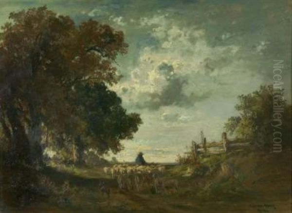 Ein Schafer Mit Herde Im Dachauer Moos Oil Painting by Fritz Halberg-Krauss