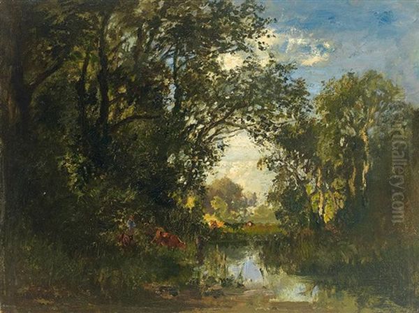 Waldlandschaft Mit Teich Und Kuhen An Der Tranke by Fritz Halberg-Krauss