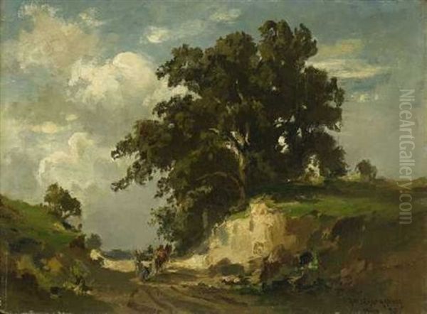 Bauern Mit Pferdegespann Auf Einem Hohlweg Oil Painting by Fritz Halberg-Krauss