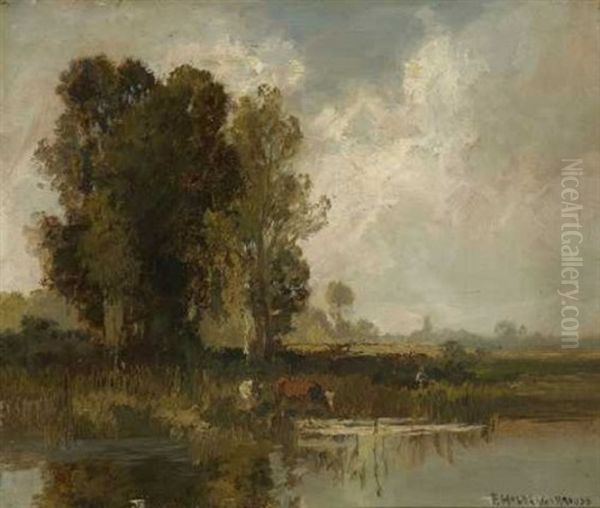 Moorlandschaft Mit Rindern Am Wasser Oil Painting by Fritz Halberg-Krauss