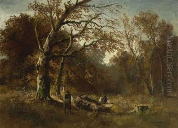 Holzarbeiter Im Herbstwald Oil Painting by Fritz Halberg-Krauss