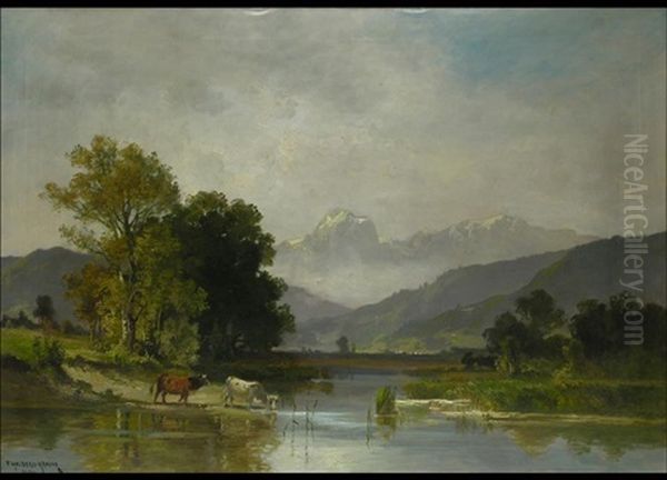 Oberbayerische Landschaft Mit Kuhen Am Teich Oil Painting by Fritz Halberg-Krauss