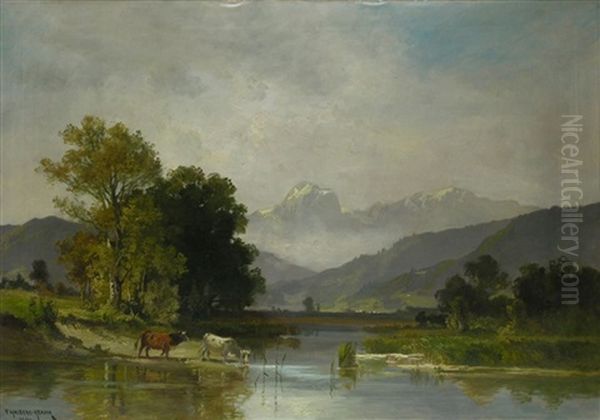 Oberbayerische Landschaft Mit Kuhen Am Teich Oil Painting by Fritz Halberg-Krauss