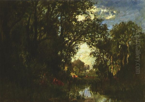 Waldlandschaft Mit Teich Und Kuhen Auf Einer Lichtung Oil Painting by Fritz Halberg-Krauss