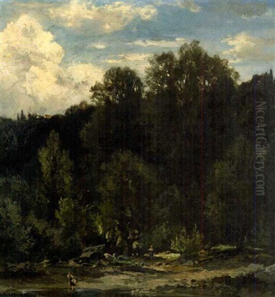 Badende An Einem Waldweiher by Fritz Halberg-Krauss