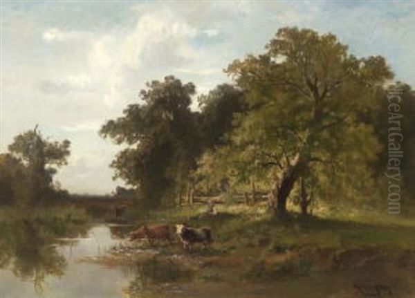 Hirte Mit Kuhen Am Wasser Oil Painting by Fritz Halberg-Krauss