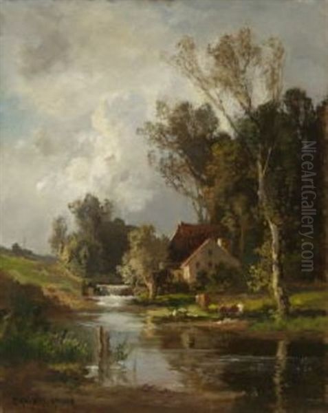 Bachlandschaft. Vor Den Bauernhausern Am Ufer Kuhe Am Wasser Oil Painting by Fritz Halberg-Krauss