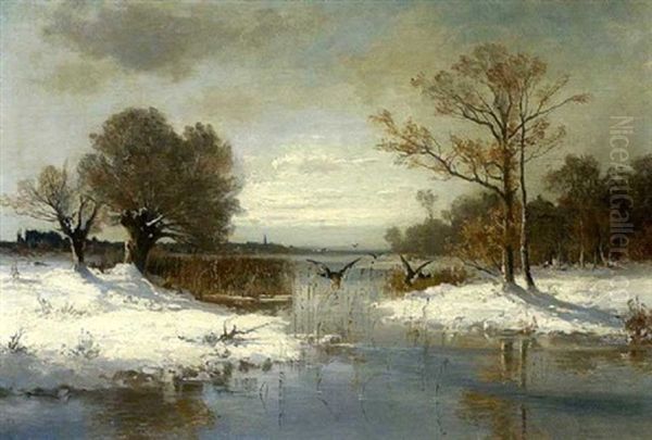 Auffliegende Enten Am Winterlichen See Oil Painting by Fritz Halberg-Krauss