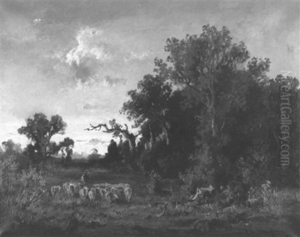 Landschaft Mit Schafherde Oil Painting by Fritz Halberg-Krauss