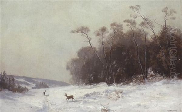 Winterlandschaft Mit Rehen Auf Einer Waldlichtung by Fritz Halberg-Krauss