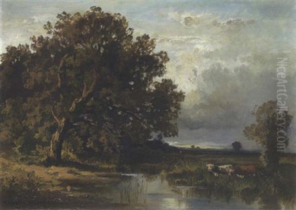 Kuhe An Der Tranke An Einem Verschilften Weiher Oil Painting by Fritz Halberg-Krauss