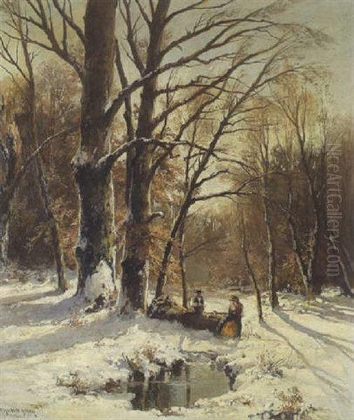 Holzfaller Im Verschneiten Winterwald Oil Painting by Fritz Halberg-Krauss