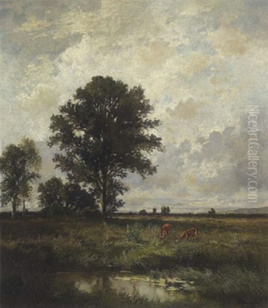 Voralpenlandschaft Mit Asenden Rehen Am Teich Oil Painting by Fritz Halberg-Krauss