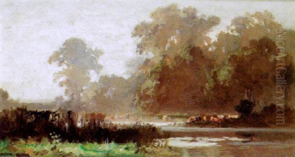 Fluslandschaft Mit Weidenden Kuhen Oil Painting by Fritz Halberg-Krauss