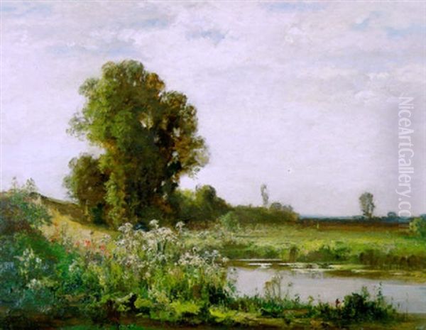 Sommerlandschaft Mit Bluhenden Stauden An Einem Weiher Oil Painting by Fritz Halberg-Krauss