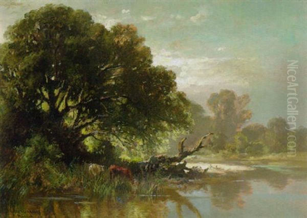 Waldweiher Mit Kuhen An Der Tranke by Fritz Halberg-Krauss