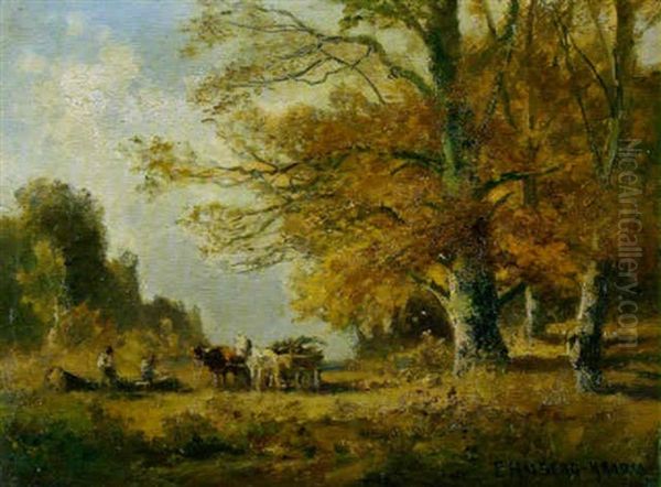 Waldarbeiter Mit Pferde- Und Ochsenfuhrwerk Im Herbstwald Oil Painting by Fritz Halberg-Krauss