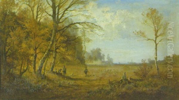 Vier Jager In Herbstlandschaft Am Waldrand Oil Painting by Fritz Halberg-Krauss