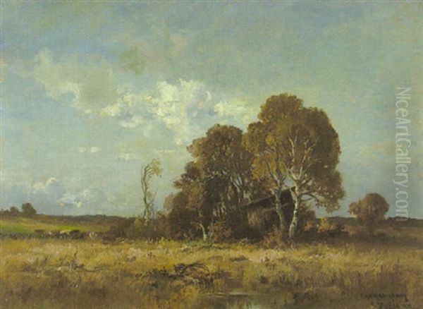 Herbstliche Moorlandschaft Mit Einer Hutte Unter Birken Und Weidendem Vieh Oil Painting by Fritz Halberg-Krauss