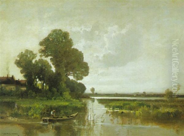 Fischer Im Nachen Auf Einem Verschliften Teich Oil Painting by Fritz Halberg-Krauss