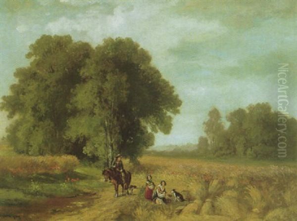 Sommerlandschaft Mit Schnitterinnen Bei Der Rast Am Reifen Kornfeld Und Einem Reiter Auf Dem Weg Links Oil Painting by Fritz Halberg-Krauss