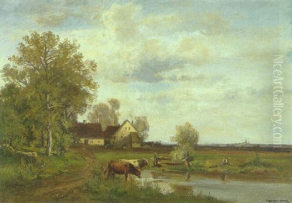 Hirte Mit Kuhen Am Teich In Dachauer Landschaft Oil Painting by Fritz Halberg-Krauss