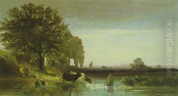 Kuhe An Der Tranke An Einem Teich Im Voralpenland Oil Painting by Fritz Halberg-Krauss