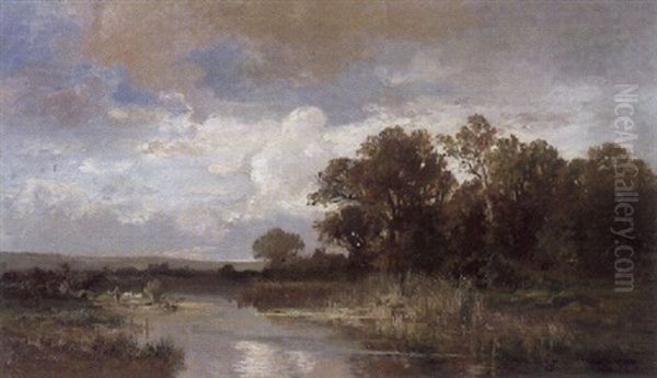 Herbstlandschaft Mit Einer Gansehirtin Am Ufer Des Wassers Links Oil Painting by Fritz Halberg-Krauss