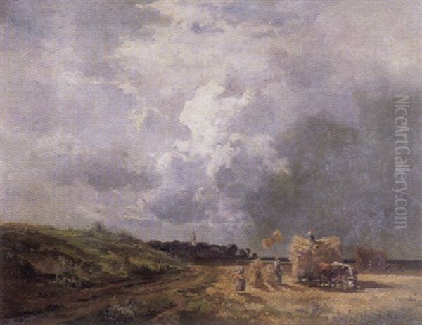 Getreideernte Auf Dem Feld Vor Einem Dorf Oil Painting by Fritz Halberg-Krauss