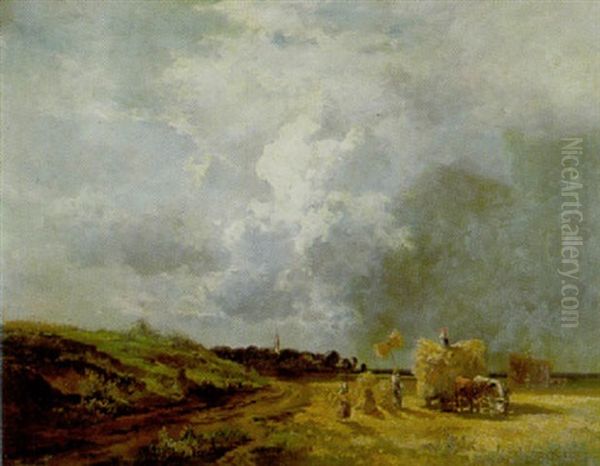 Getreideernte Auf Dem Feld Vor Einem Dorf Oil Painting by Fritz Halberg-Krauss