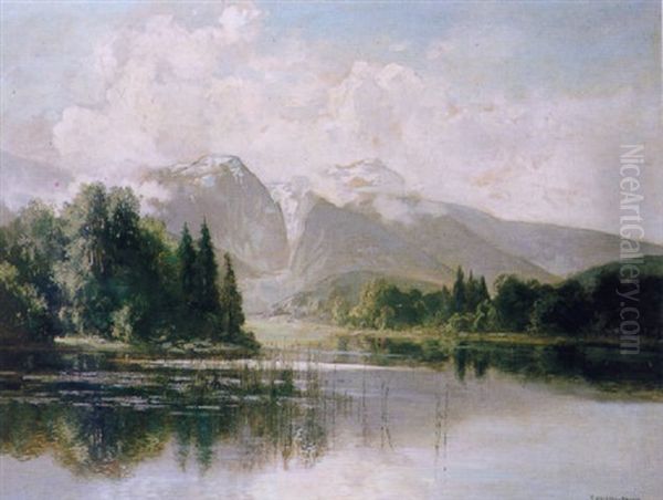 Mountainous Lake Landscape Oil Painting by Fritz Halberg-Krauss