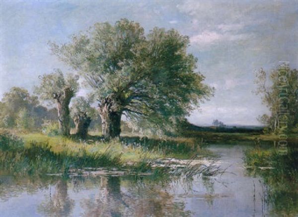 An Extensive River Landscape, Summer Oil Painting by Fritz Halberg-Krauss