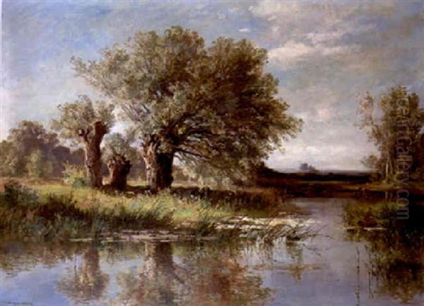 An Extensive River Landscape, Summer Oil Painting by Fritz Halberg-Krauss