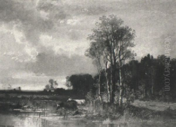 Herbstliche Moorlandschaft Mit Kuhen In Einem Weiher Oil Painting by Fritz Halberg-Krauss