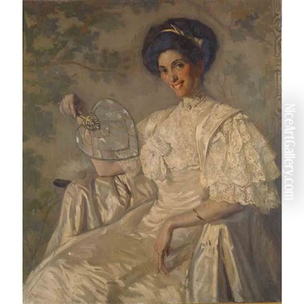 Portrait Of Jeanette Farren Seated And Holding A Fan Oil Painting by Philip Leslie Hale