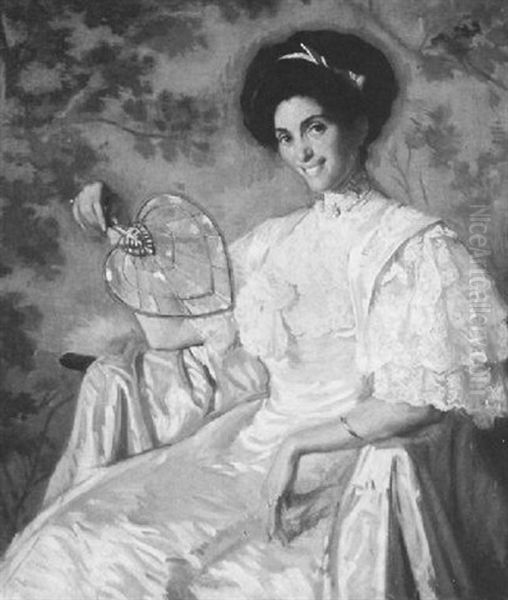 Portrait Of Jeanette Farren Seated And Holding A Fan Oil Painting by Philip Leslie Hale