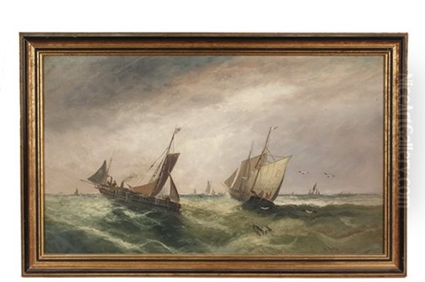 Competing Trawlers In A Green Sea Oil Painting by William Matthew Hale