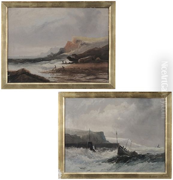 Rescue Boat, Rough Seas; Figures On Shore (2 Works) Oil Painting by William Matthew Hale