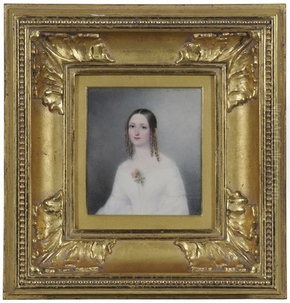 Portrait Miniature Of A Young Woman In A White Gown Oil Painting by Ann Hall