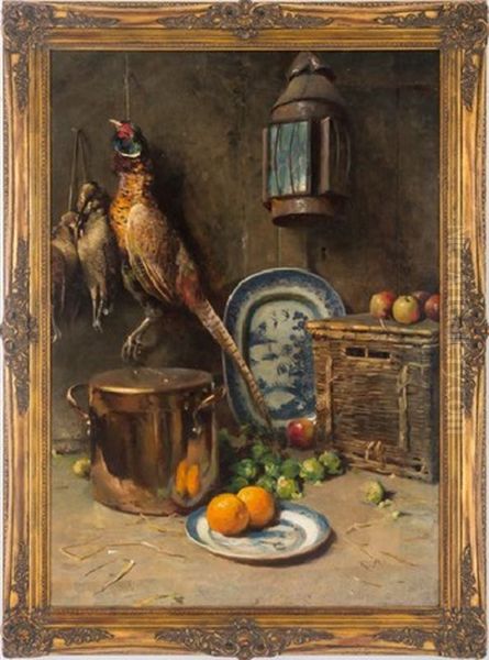 Still Life With Hanging Game & Fruit Oil Painting by Frederick Hall