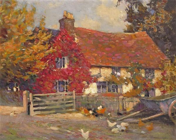 A Farmhouse In Autumn Oil Painting by Frederick Hall