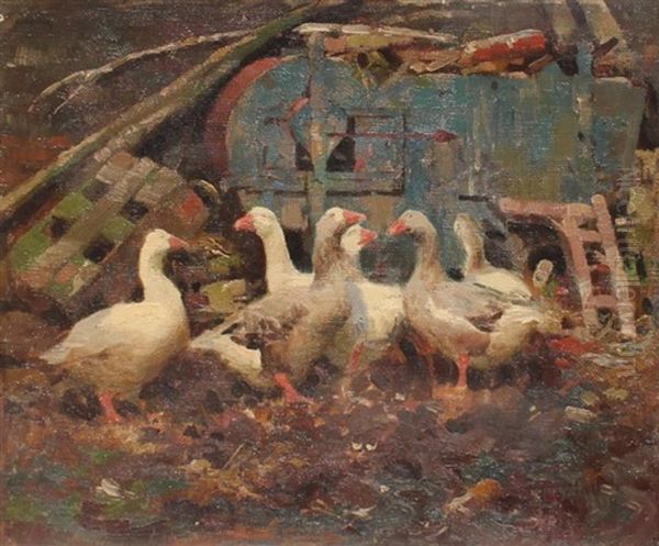 Geese In Barnyard Oil Painting by Frederick Hall