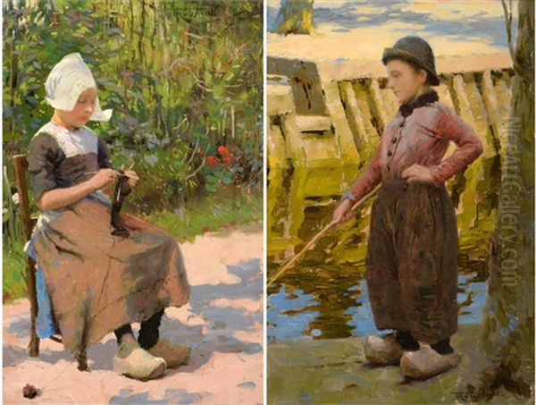 Dutch Girl Knitting; Dutch Boy Fishing (2 Works) Oil Painting by Frederick Hall