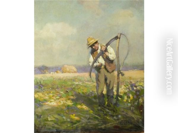 A Reaper Sharpening His Scythe, Probably At Speen, Near Newbury Oil Painting by Frederick Hall