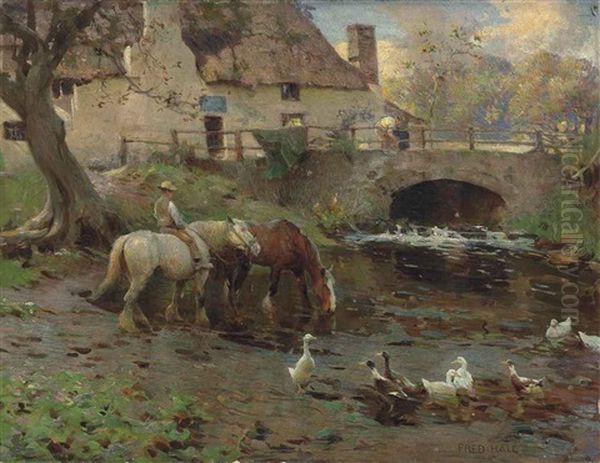 Horses Watering Oil Painting by Frederick Hall