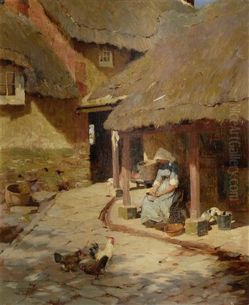 Figure By A Cottage Oil Painting by Frederick Hall