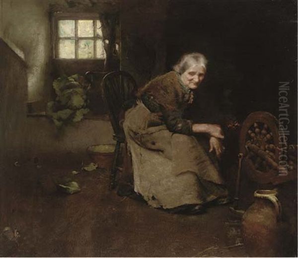 Spinning In A Cottage Interior Oil Painting by Frederick Hall