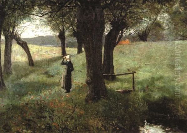 Girl By A Brook Oil Painting by Frederick Hall